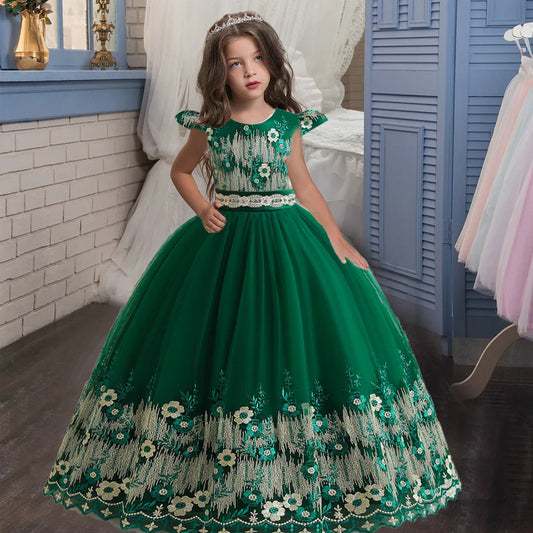 Elegant floral long princess dress for girls aged 4-12, perfect for weddings, birthdays, and first communion, featuring intricate embroidery and a beautiful ball gown silhouette.