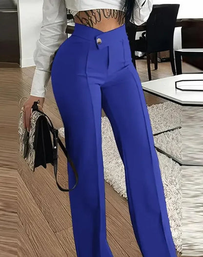 Elegant women's casually styled ankle-length wide-leg trousers featuring a buttoned front, crafted from luxurious solid polyester for a sleek silhouette.