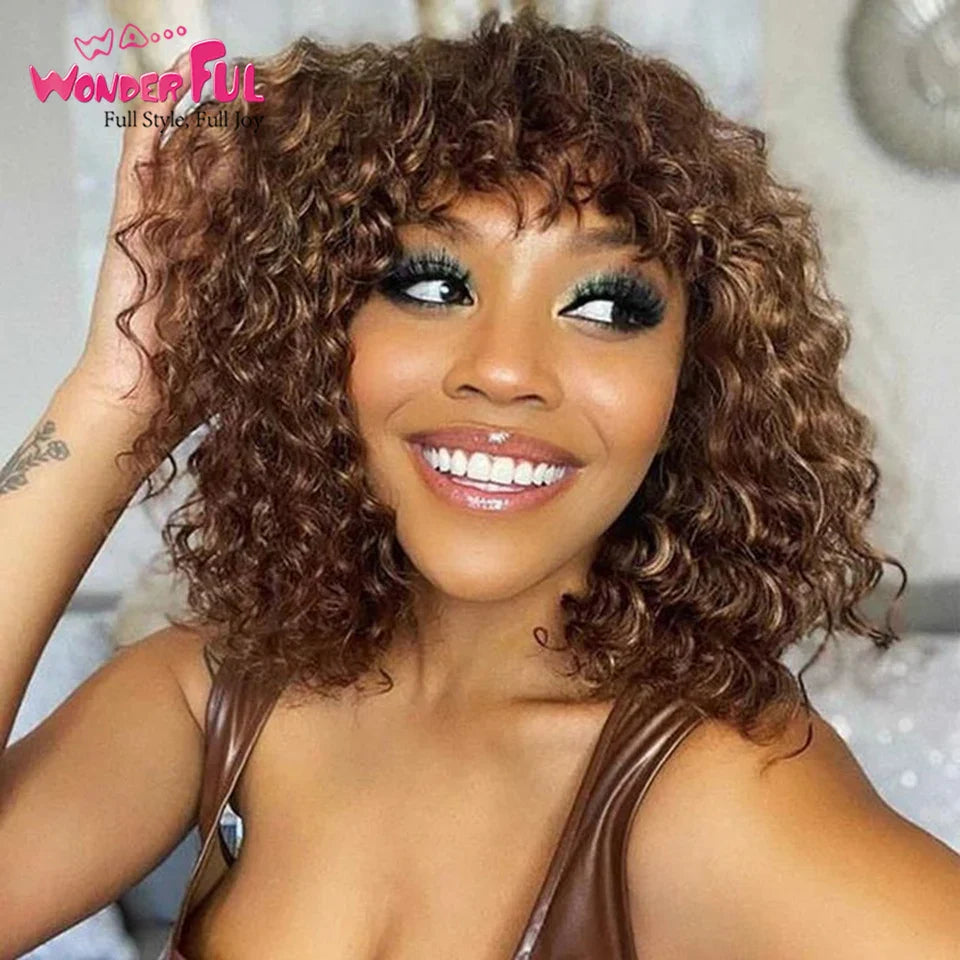 Luxury Brazilian Jerry Curl Bob Wig with Bangs, crafted from premium Remy human hair, showcasing rich texture and elegance for Black women.