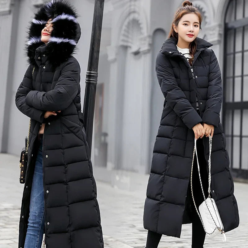 Chic and fashionable Women's Long Coat with a plush Fox Fur Collar, elegant silhouette and pockets, perfect for winter outings.