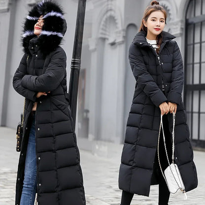 Chic and fashionable Women's Long Coat with a plush Fox Fur Collar, elegant silhouette and pockets, perfect for winter outings.