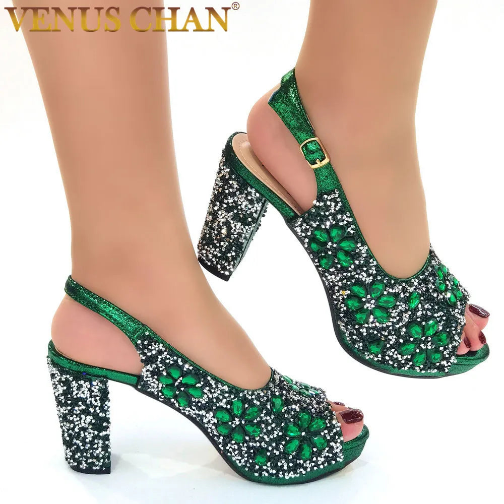 Luxurious Venus Chan Elegant Green High Heel Party Sandals adorned with sparkling diamonds, perfect for upscale events.