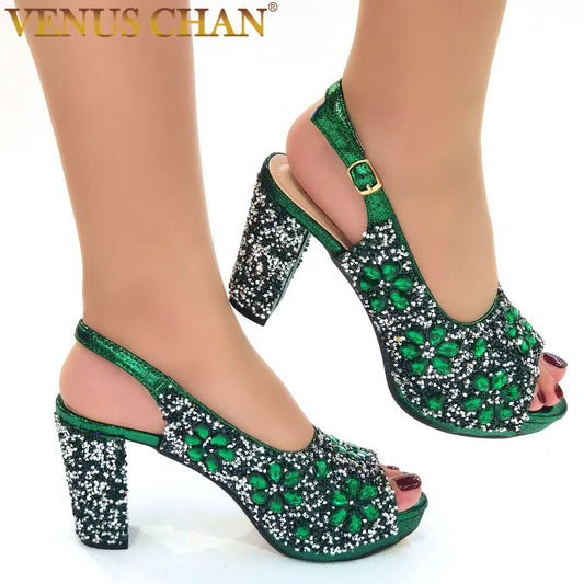 Luxurious Venus Chan Elegant Green High Heel Party Sandals adorned with sparkling diamonds, perfect for upscale events.