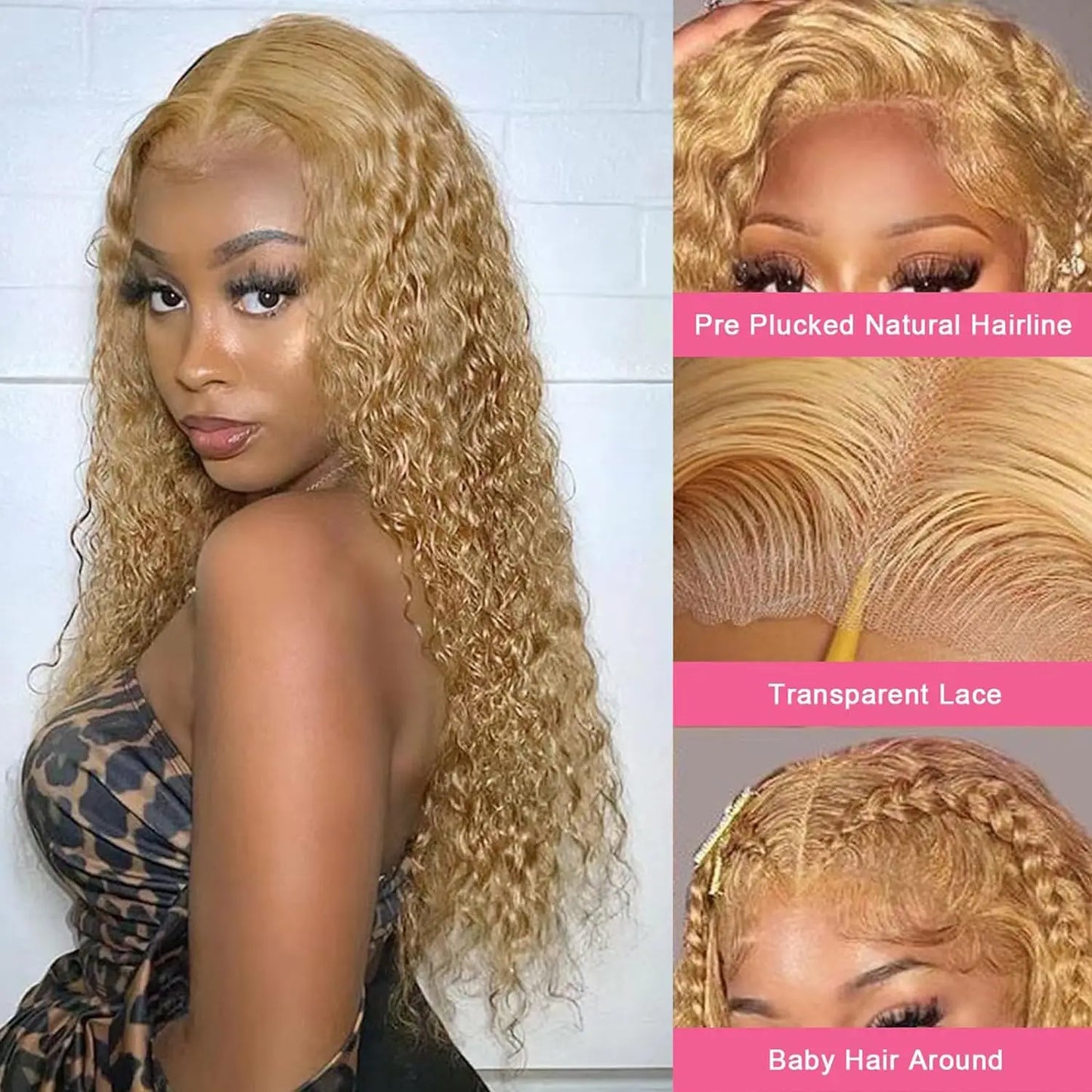 Detailed image of the transparent lace on the honey blonde water wave wig, demonstrating its quality construction and glueless cap design for easy wear.