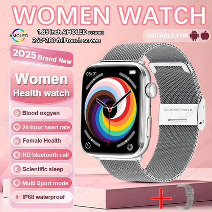 Chic 1.85-inch AMOLED display smart watch for women, combining luxury aesthetics with advanced health monitoring technologies.
