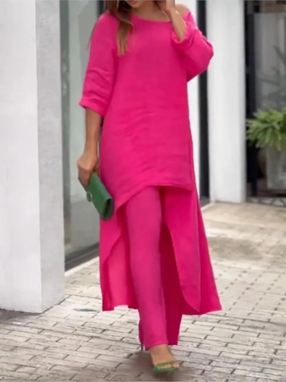 Stylish representation of a woman wearing the Women's Casual Cotton Linen Two Piece Set, illustrating the sophisticated silhouette and loose fit ideal for autumn and winter.