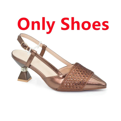 Sophisticated black high heel slingbacks from the luxurious women's shoe and bag set, featuring eye-catching rhinestone decorations for upscale events.