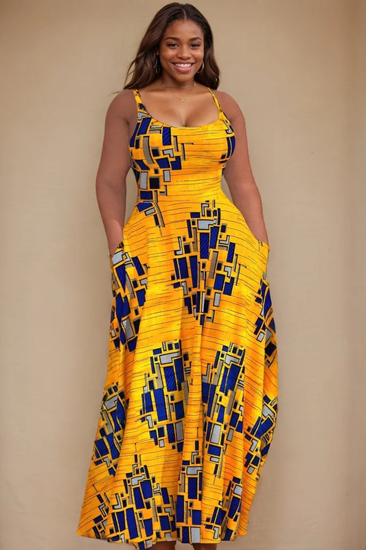 Elegant plus size women's casual maxi dress in a stunning yellow geometric print, featuring a sleeveless U-neck design and practical pockets, perfect for summer outings.