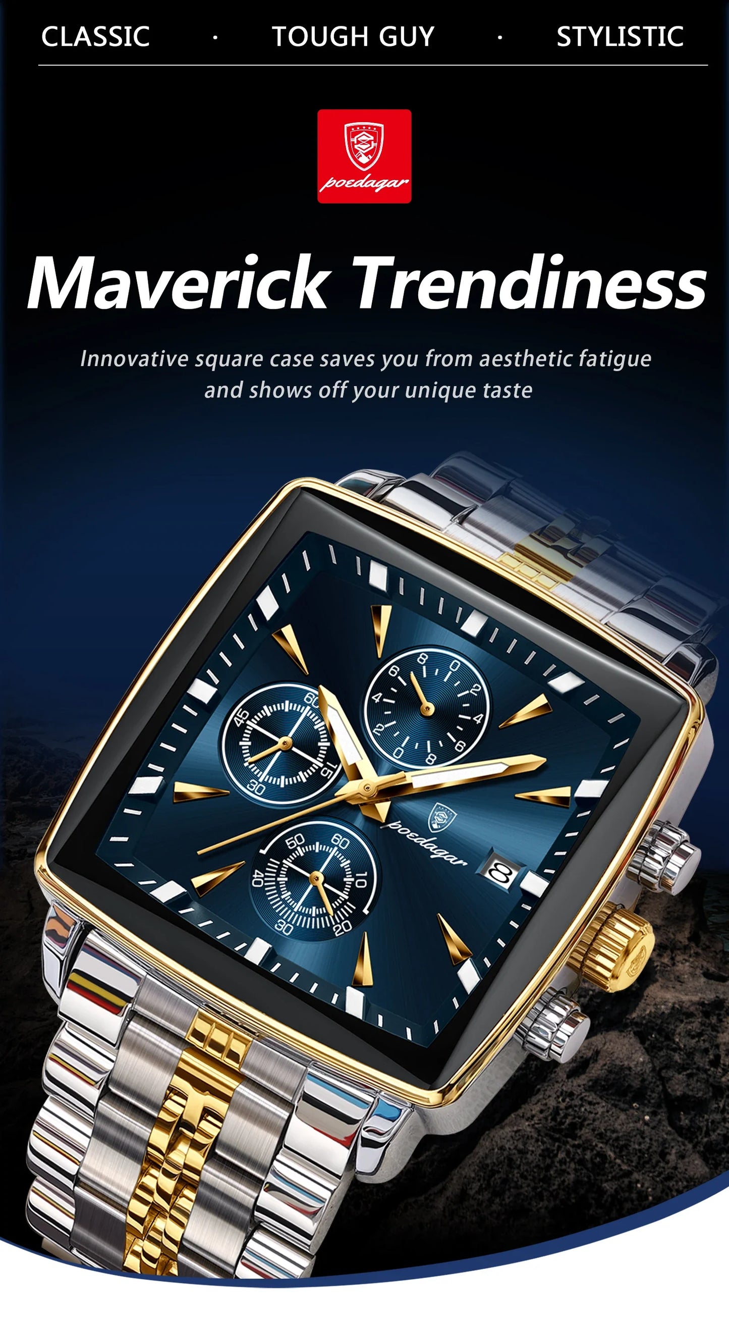 Luxury men's luminous chronograph wristwatch with square stainless steel case and quartz movement, showcasing a stylish dive watch design.