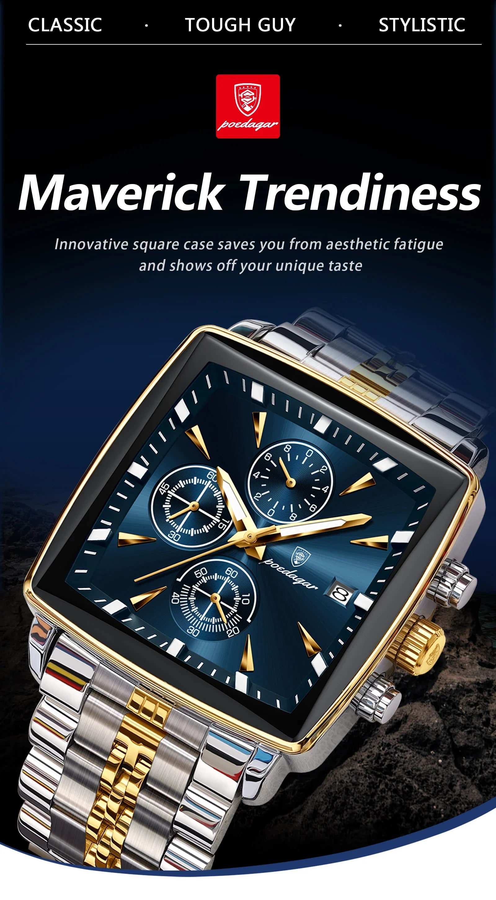 Luxury men's luminous chronograph wristwatch with square stainless steel case and quartz movement, showcasing a stylish dive watch design.