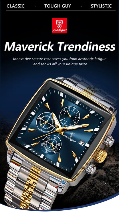 Luxury men's luminous chronograph wristwatch with square stainless steel case and quartz movement, showcasing a stylish dive watch design.