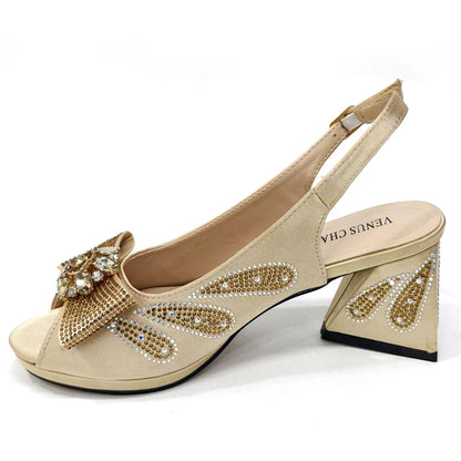 Stylish view of the Venus Chan bow rhinestones high heels and handbag set, perfect for women attending upscale parties or weddings