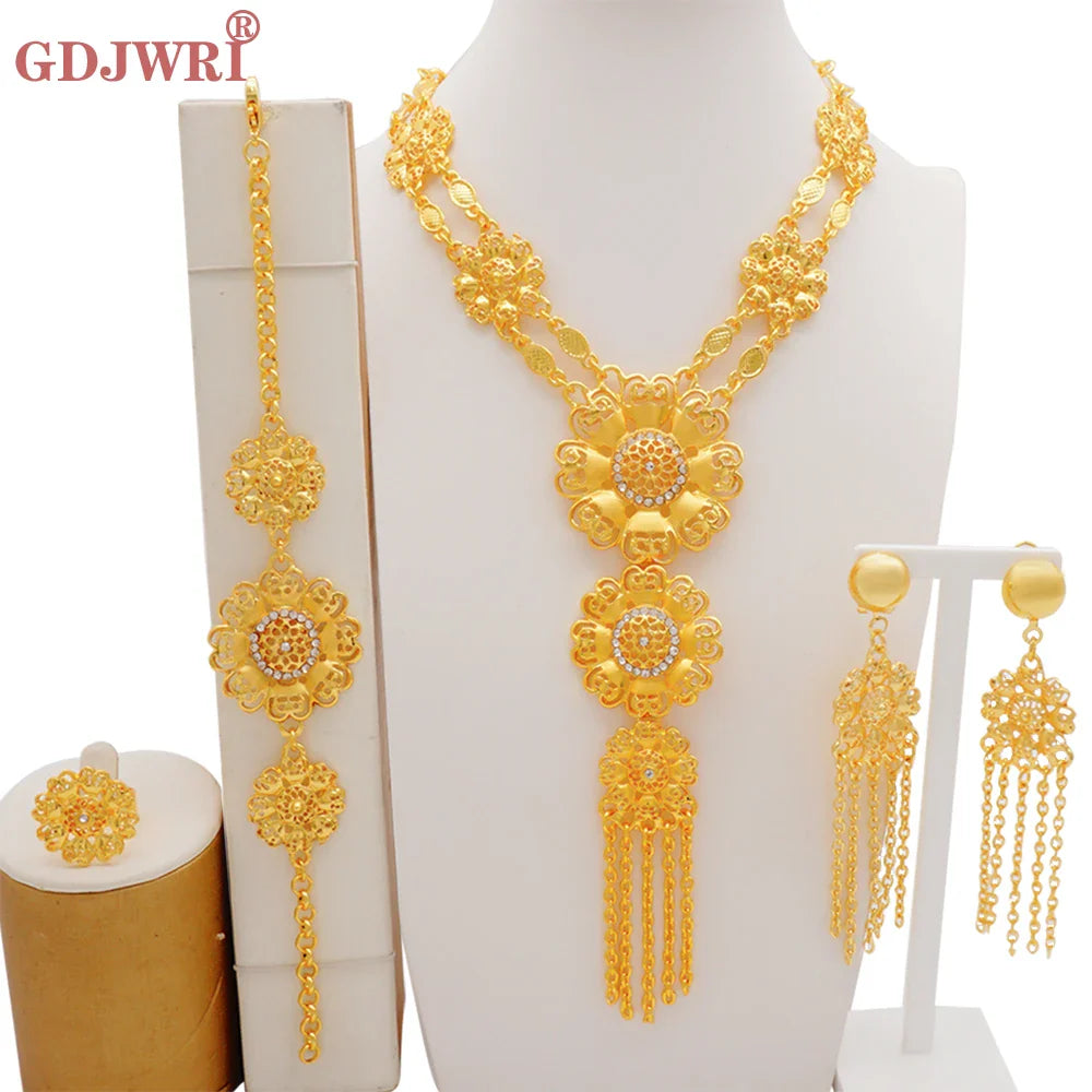 Luxurious fashion jewelry set for women in gold hue, showcasing intricate African design elements, perfect for pairing with formal attire.