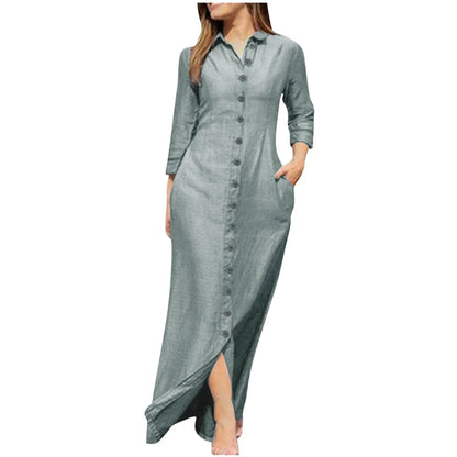 Versatile and elegant ankle-length shirt dress made from cotton blend, featuring intricate button details, perfect for the modern office lady.