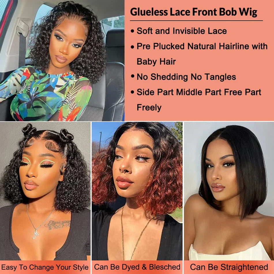 Model wearing a short 4-16 inch Glueless Water Wave HD Lace Frontal Bob Wig, depicting rich natural curls that enhance elegance.