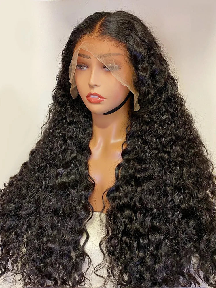 Luxury deep wave lace frontal wig made from 100% human hair, showcasing a natural look with pre-plucked hairline and transparent lace for a flawless blend.