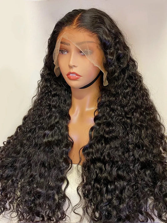Luxury deep wave lace frontal wig made from 100% human hair, showcasing a natural look with pre-plucked hairline and transparent lace for a flawless blend.