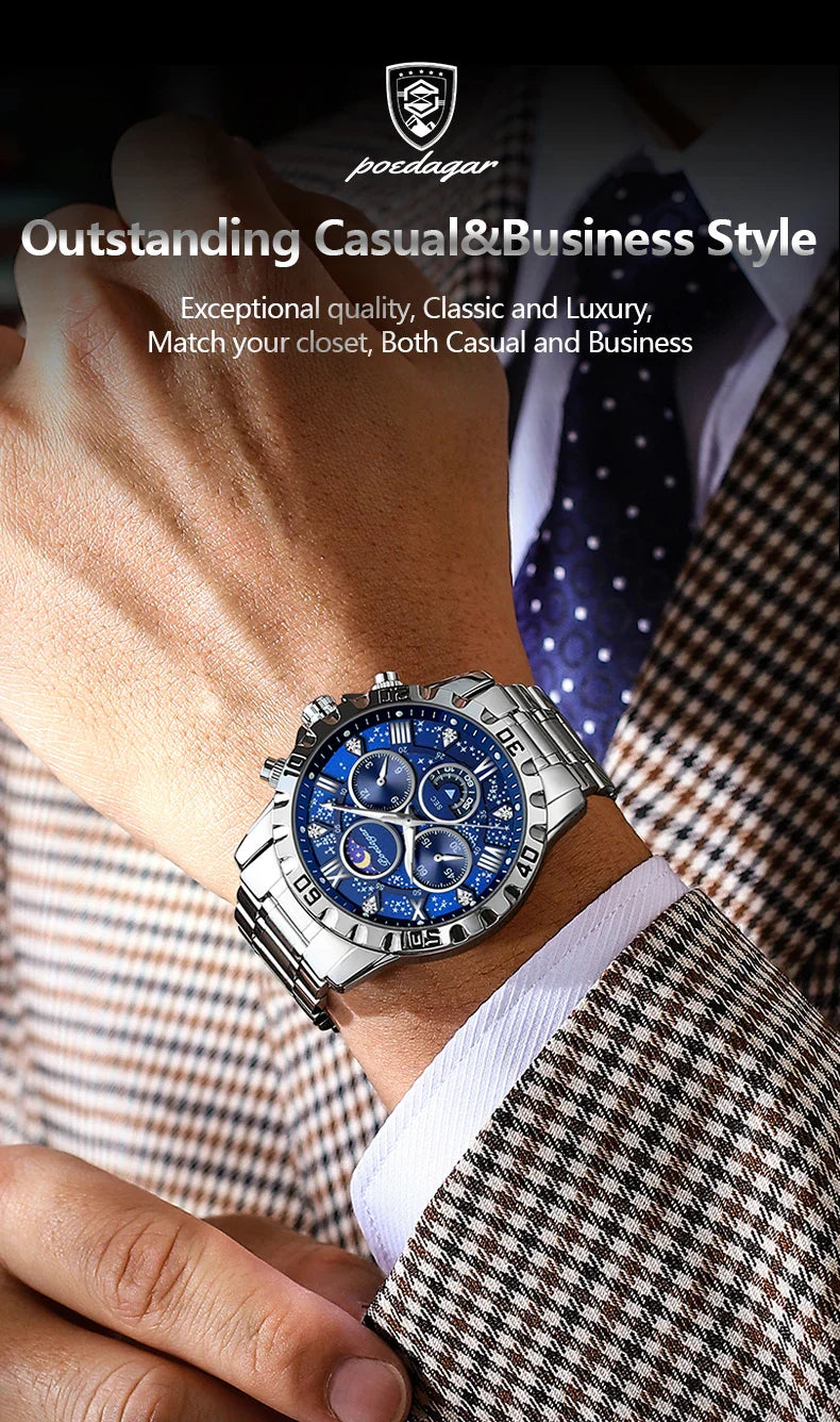 Dramatic angle of the 44mm round dial of the Luxury Luminous Chronograph Watch, featuring sapphire crystal and a versatile multi-time zone function.