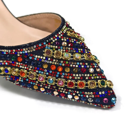 Chic women's handbag set with matching heels, showcasing luxurious rhinestone detailing, ideal for formal events and summer parties.