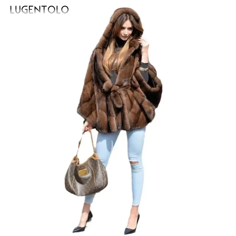 Luxurious women's faux fur coat with hood, featuring a stylish knit design, perfect for autumn and winter elegance.