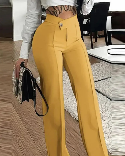 Stylish ankle-length women's pants with a sophisticated wide-leg silhouette and button detail, ideal for the office or casual outings, made from high-quality polyester for a sleek look.