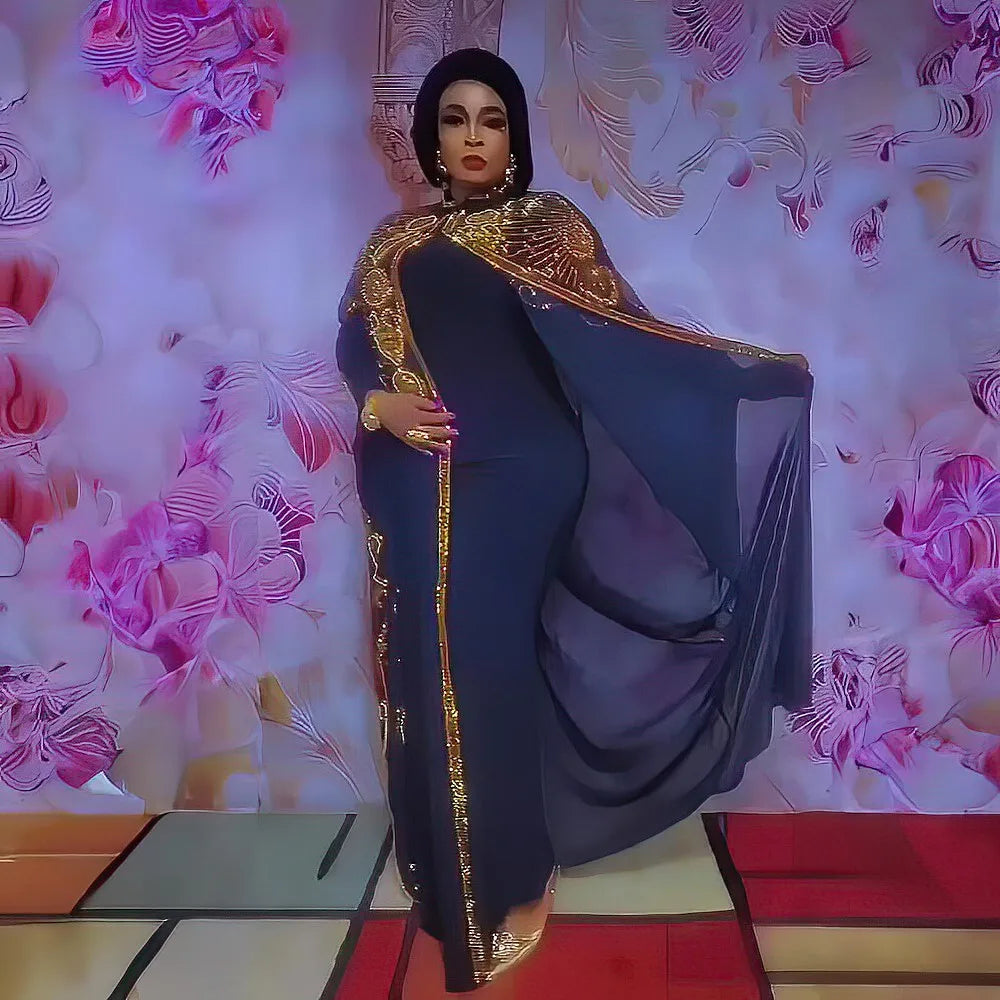 Close-up of the luxurious rhinestone details on the chiffon fabric of the African dress set, designed for plus-sized women.