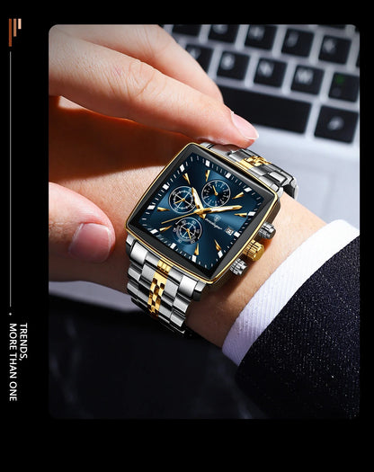 Angle view of a premium stainless steel men's wristwatch, highlighting its elegant square case design and luminous hands, perfect for casual and formal wear.
