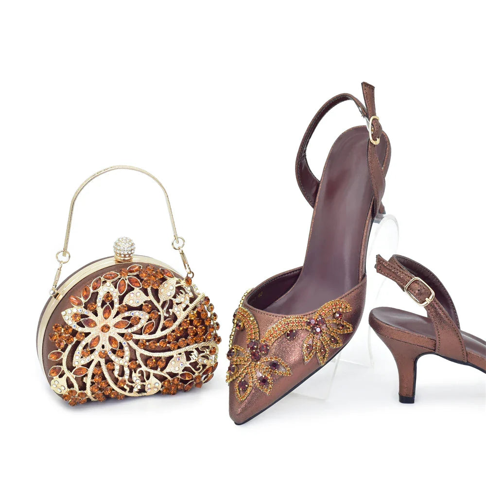 Luxurious Italian high heel shoes in gold with matching handbag set, perfect for elegant parties and weddings, available in sizes 38-43.