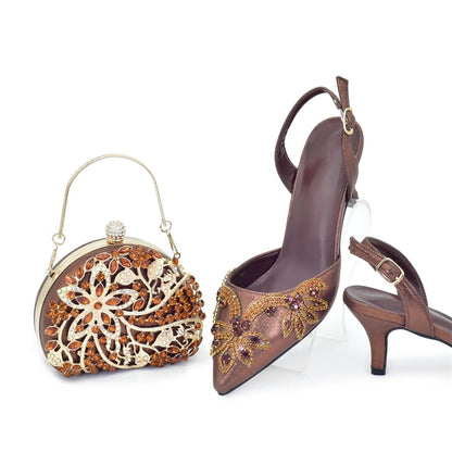 Luxurious Italian high heel shoes in gold with matching handbag set, perfect for elegant parties and weddings, available in sizes 38-43.