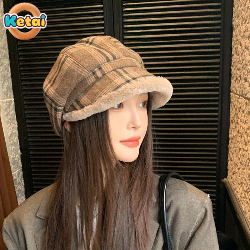 Elegant vintage plaid hat designed for women, showcasing plush material and octagonal shape.