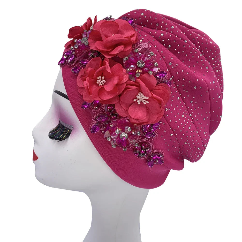 Close-up of the sophisticated rhinestone detailing on the African Turban Cap, highlighting its luxury and elegance.