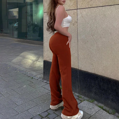 Luxurious full length high waist flare pants for women, crafted from premium polyester for ultimate comfort and style.