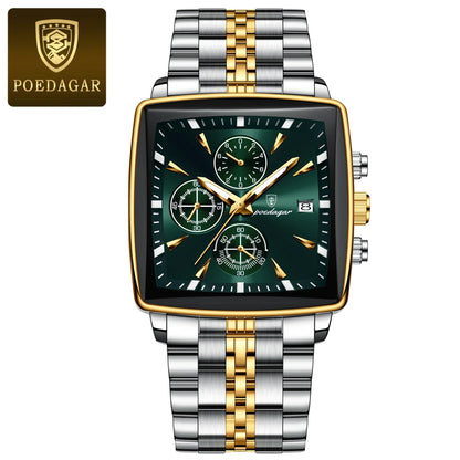 Stylish square dial of the luxury men's wristwatch, highlighting the luminous hands and numberless display, perfect for casual and fashion wear.
