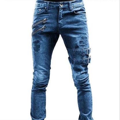 Luxurious men's slim fit skinny ripped denim pencil pants in a casual mid waist stonewashed style, showcasing a contemporary urban aesthetic for discerning fashion enthusiasts.