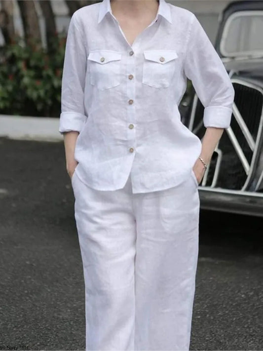 Elegant women's 2-piece lapel neck long sleeve shirt and wide leg pants set in solid colours, perfect for autumn and winter, exuding sophistication and style for casual, office, or party occasions.