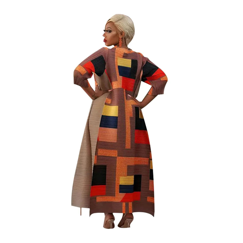 Full view of the Elegant African Plus Size O-Neck Pleated Long Dress, highlighting the graceful silhouette and sophisticated style for women.