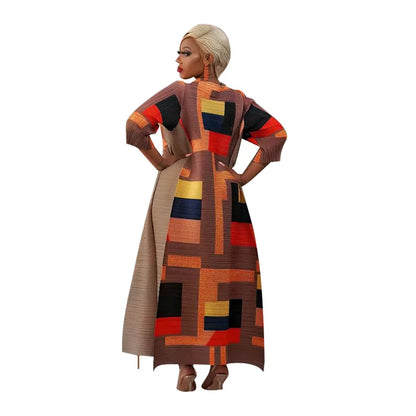 Full view of the Elegant African Plus Size O-Neck Pleated Long Dress, highlighting the graceful silhouette and sophisticated style for women.