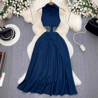 Stunning women's sleeveless denim dress styled with a turn-down collar and high waist, illustrated in a serene setting, epitomising elegance and sophistication for the modern woman.