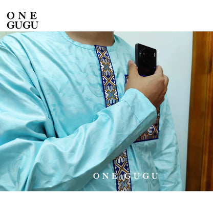 Stylish outdoor view of the men's blue cotton shirt and pants set, made from breathable fabric, ideal for parties and weddings.