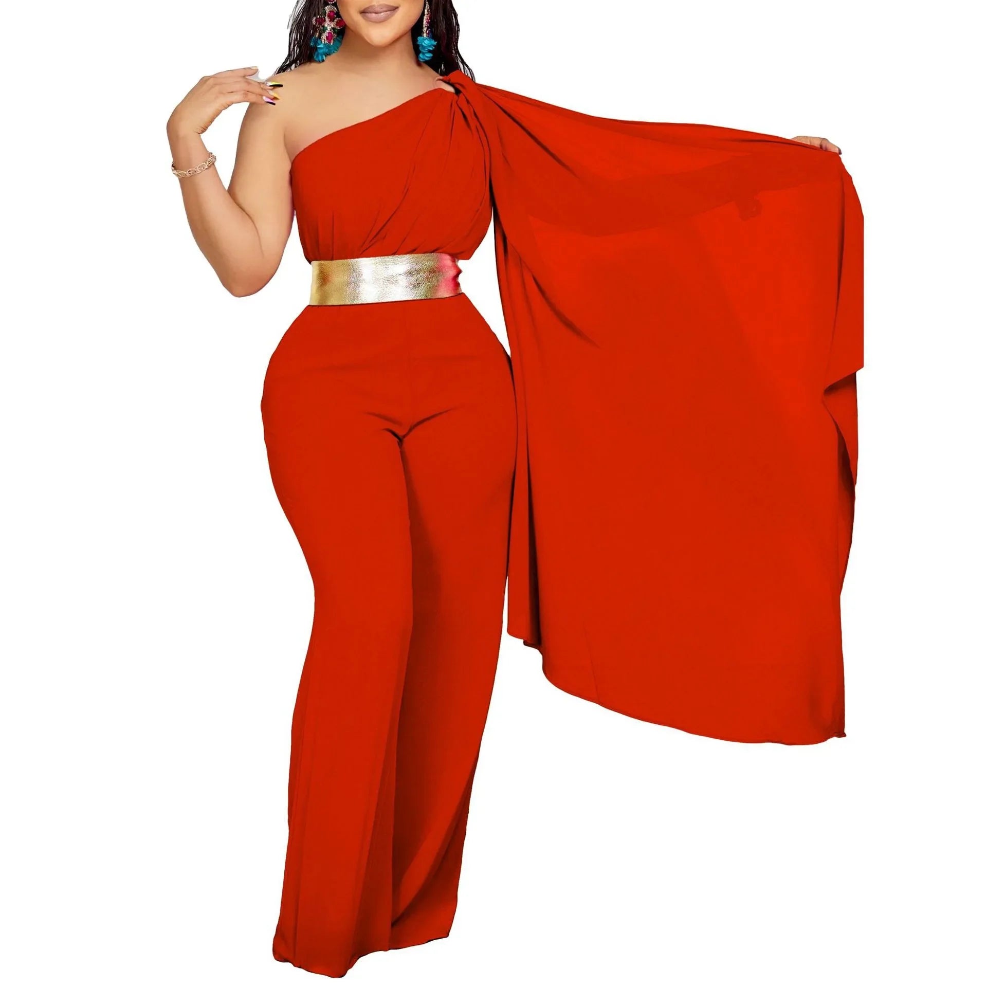 Refined high waisted jumpsuit with flying sleeves, suitable for middle-aged women seeking luxury and comfort.