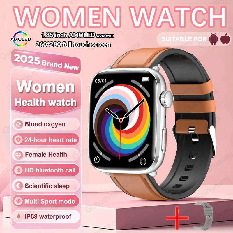 Sleek AI-powered Women's Smart Watch with a vibrant AMOLED touchscreen, designed for fitness tracking and daily health monitoring in a refined style.