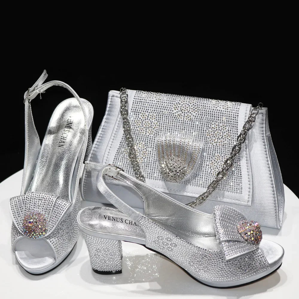Elegant Venus Chan Italian Design women's golden wedding shoes featuring full diamond bling, high spike heels, and peep toe style.