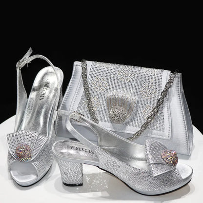 Elegant Venus Chan Italian Design women's golden wedding shoes featuring full diamond bling, high spike heels, and peep toe style.