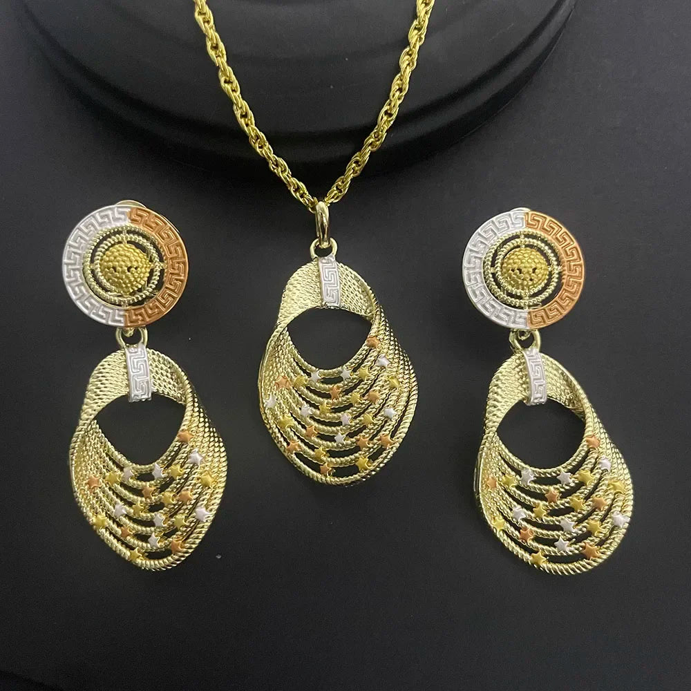Luxury 24K gold-plated copper jewelry set displayed elegantly, emphasising the chic design suitable for parties.