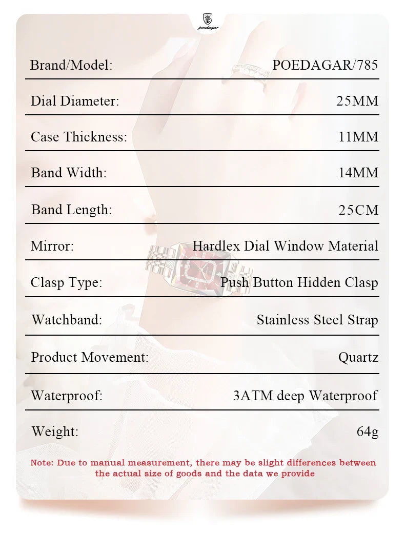 Depiction of the POEDAGAR ladies quartz watch on a wrist, demonstrating its casual yet fashionable appearance, suitable for any occasion.