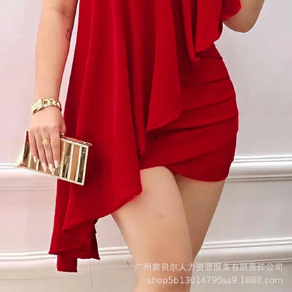 Elegant red dress with diagonal collar and half sleeves, designed for a sophisticated look in autumn and winter.