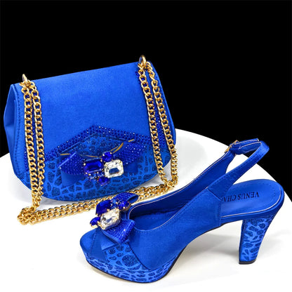 Elegant luxury royal blue rhinestone handbag set for women, ideal for parties and weddings.