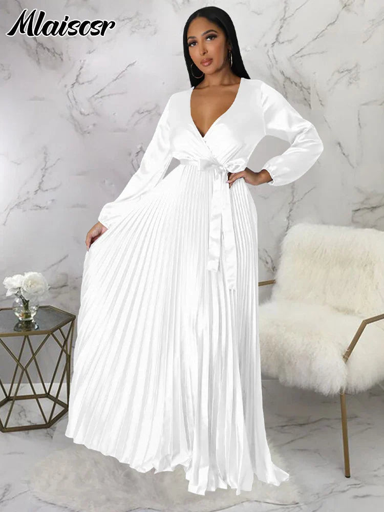 Mlaiscsr Women's Elegant V-Neck Lantern Sleeve Floor-Length Pleated Swing Dress in rich burgundy, ideal for weddings and formal parties.