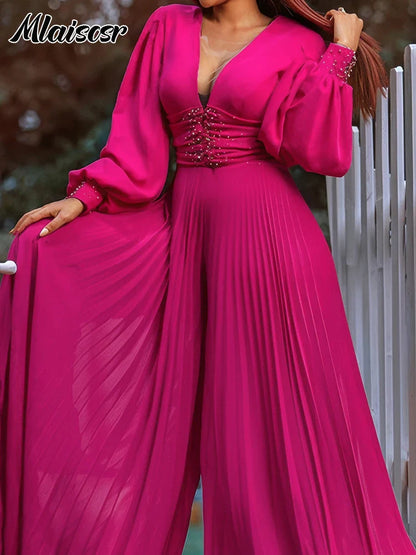 Elegant Mlaiscsr evening party jumpsuit featuring exquisite pearl bead detailing on long sleeves, designed in luxurious loose wide-leg style, perfect for sophisticated autumn and winter occasions.