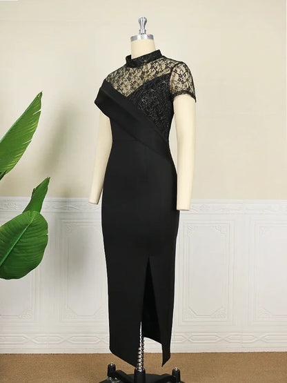 Elegant black long high neck lace patchwork bodycon evening dress for women, featuring a seductive slit for a glamorous club look.